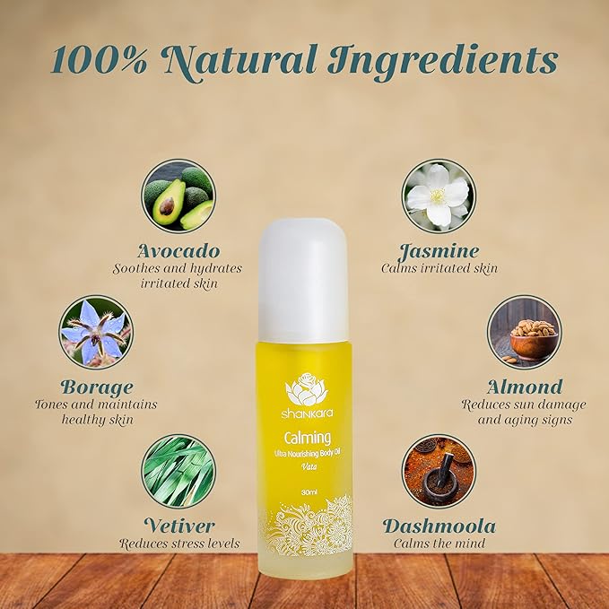 Shankara Calming Body Oil for Women and Men with Avocado, Sesame, Almond, Jasmine, Vetiver, and Borage – Perfect Moisturizing Body Oil for Relaxing Mind and Body. (30ml/1 bottle)