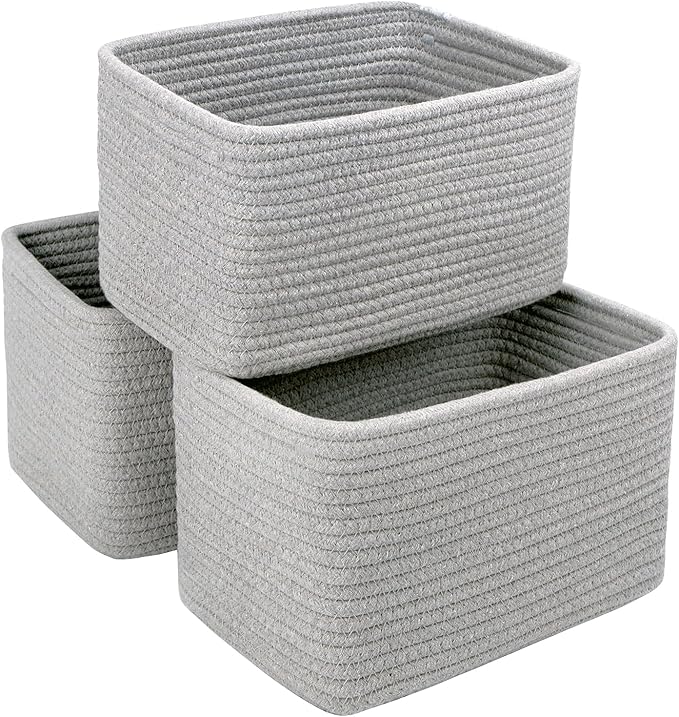 Small Cotton Rope Basket – Storage Bin for Organizing (10.6" x 6.7" x 6.7"), Bathroom Storage Basket for Shelf, Counter & Closet（Grey）