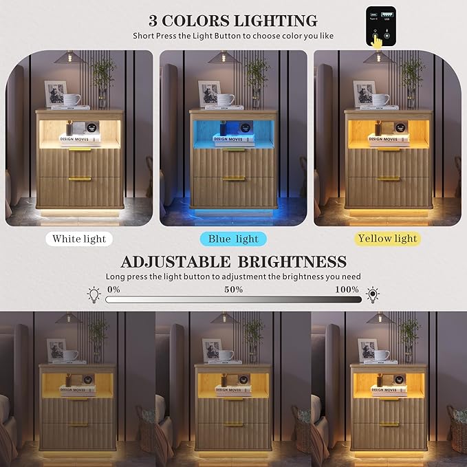 Nightstand with Charging Station, Farmhouse End Side Table with 2 Drawers and Open Storage, Smart Bedside Table with LED Light & Human Sensor for Bedroom, Wood