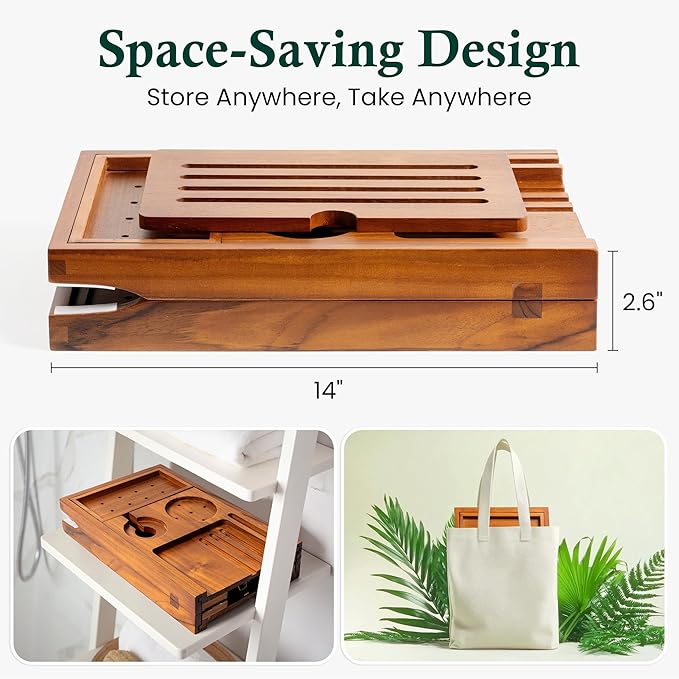 Teak Bathtub Tray, Bath Caddy with Wine Glass Holder, Phone Dock & Book Stand | Hands-Free Reading & Ultimate Spa Relaxation Experience-Natural