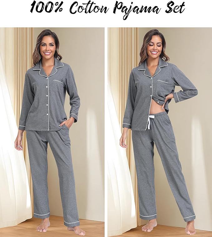 ANLIQI 100% Cotton Pajamas for Women Button Down Pajamas Long Sleeve Top & Pant Sleepwear Loungewear Pj Set with Pocket