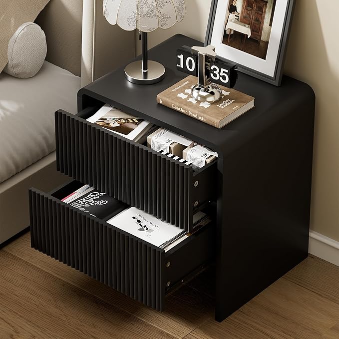 Set of 2 Modern Curved Nightstand with 2 Drawers, Push-to-Open Wooden Bedside Table, Minimalist End Table for Bedroom, Black