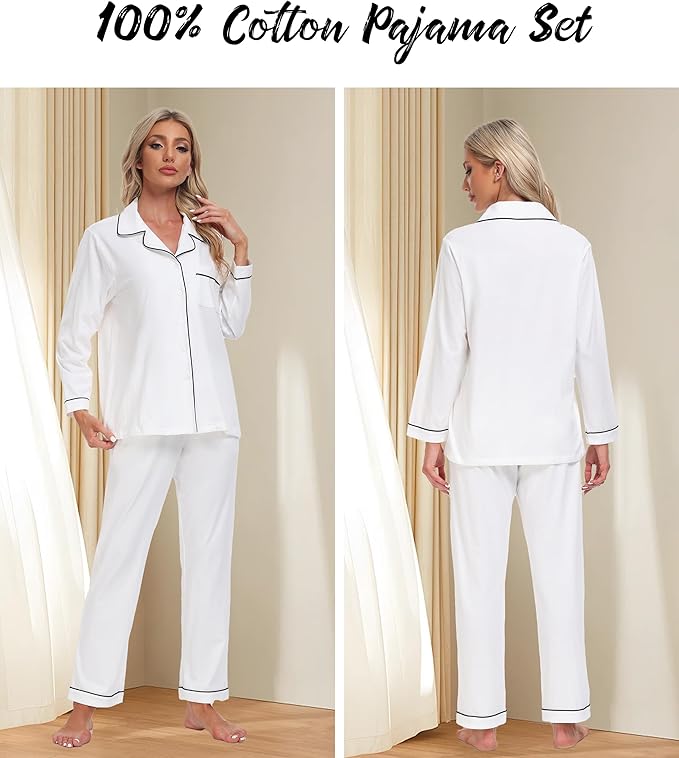 ANLIQI 100% Cotton Pajamas for Women Button Down Pajamas Long Sleeve Top & Pant Sleepwear Loungewear Pj Set with Pocket