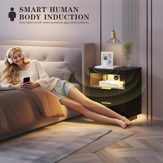 Nightstand with Charging Station, Farmhouse End Side Table with 2 Drawers and Open Storage, Smart Bedside Table with LED Light & Human Sensor for Bedroom, Black