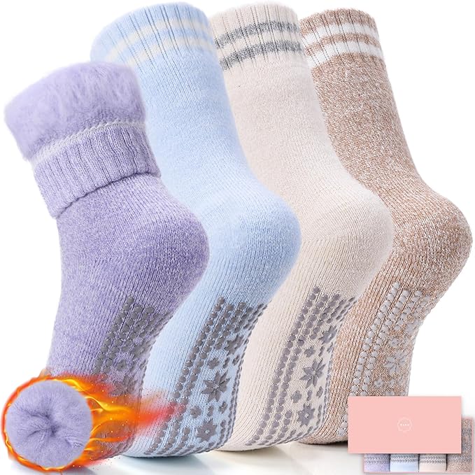 ICEIVY Thermal Slipper Socks, Thick Grip Hospital Plush Slipper Grip Socks Women Winter Soft Warm Cozy Socks 4 Pairs