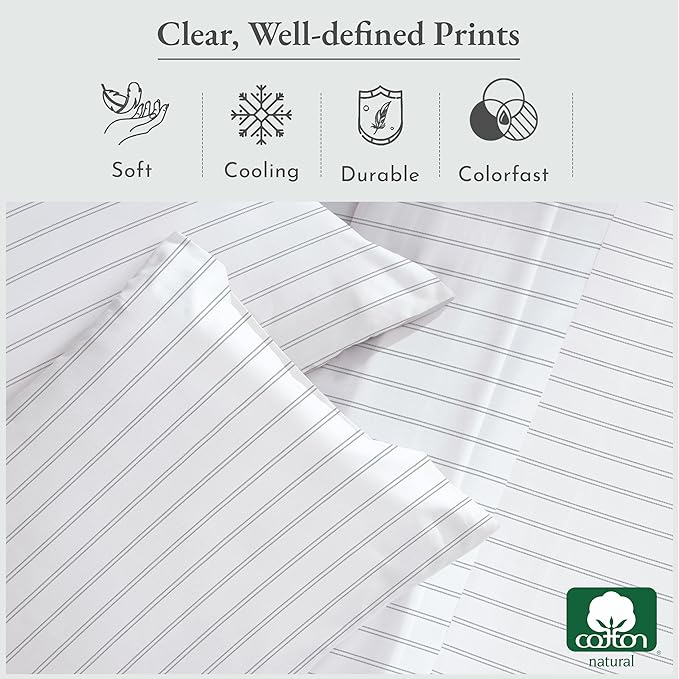 California Design Den King Bed Sheets Stripe Set, 100% Cotton Deep Pocket King Sheets & Pillowcase Set, Soft Sateen Weave - Classic Stripe