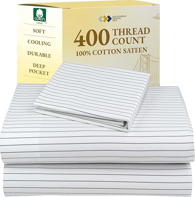 California Design Den Printed Twin XL Sheet Sets - 400 Thread Count Sateen, Natural 100% Cotton Sheets Set, Deep Pockets, and Durable Bedding Set - Pinstriped