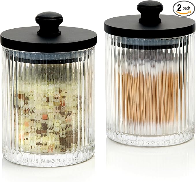 Mason & Fable Ribbed Glass Bathroom Jars | Set of 2 Farmhouse Style Storage Canister with Airtight Black Wooden Lids | Cotton Pad/Swab/Q tip Holder/Bath Salt/Clear Vanity