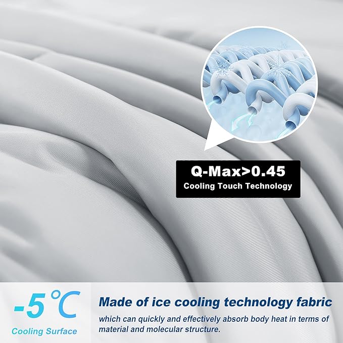 Cooling Comforter Queen Size, Double-Sided Cold Tech Fabric Quilted Bed Comforters Cooling Blanket for Hot Sleepers, Breathable Lightweight Summer Bedding, All-Season Ice Blanket, Light Gray