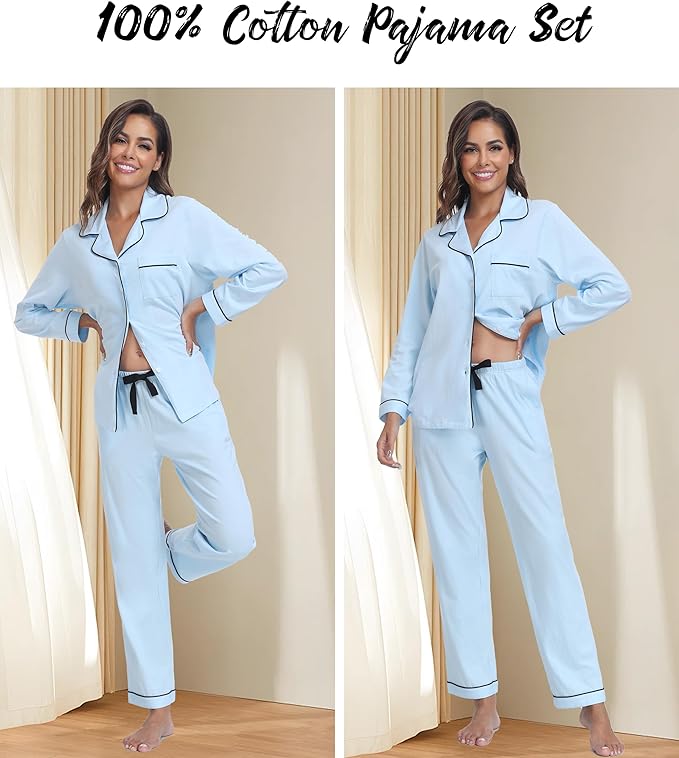 ANLIQI 100% Cotton Pajamas for Women Button Down Pajamas Long Sleeve Top & Pant Sleepwear Loungewear Pj Set with Pocket