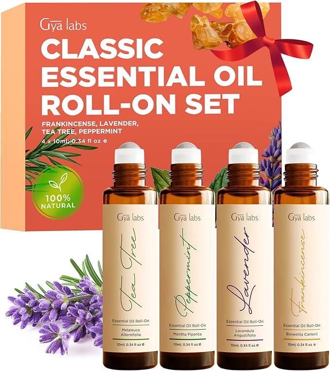 Gya Labs Classic Roll on Essential Oil Set - Relaxing Gifts for Women - Essential Oil Gift Set Frankincense, Peppermint, Lavender, Tea Tree Oil Rollers for Skin & Body Comfort (0.34 Fl Oz Each)