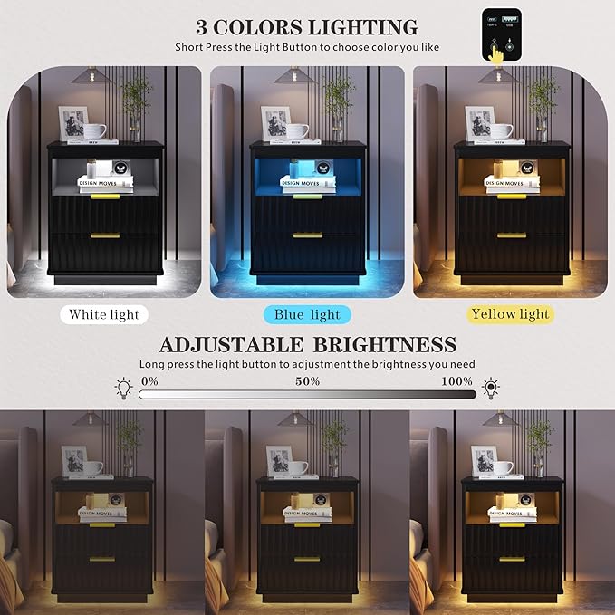 Nightstand with Charging Station, Farmhouse End Side Table with 2 Drawers and Open Storage, Smart Bedside Table with LED Light & Human Sensor for Bedroom, Black