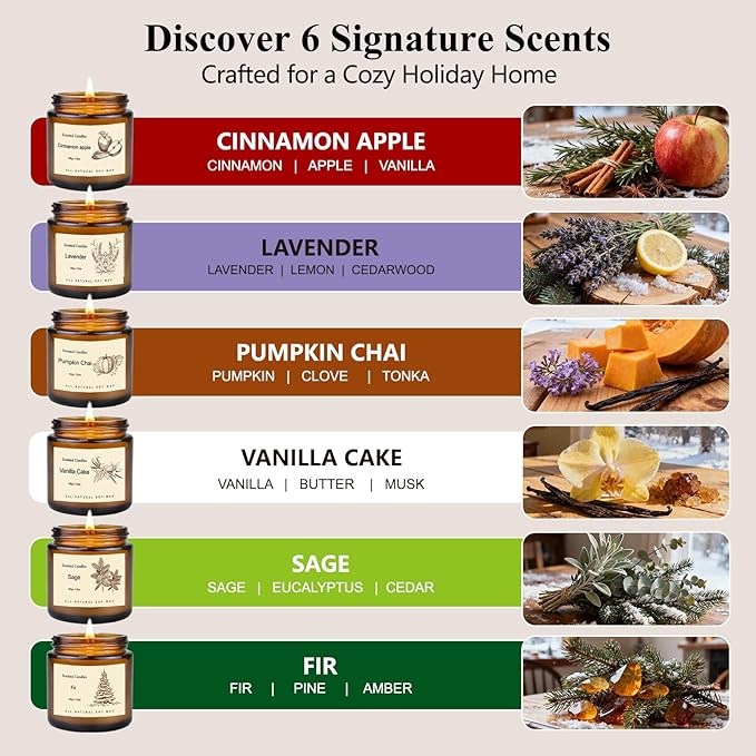 6 Pack Winter Candles for Home Scented,Long Lasting Soy Candles for Home,Holiday Scented Candle Gift Set with Cinnamon Apple,Pumpkin Chai&Vanilla,Natural Aromatherapy Candles,Christmas Gifts for Women