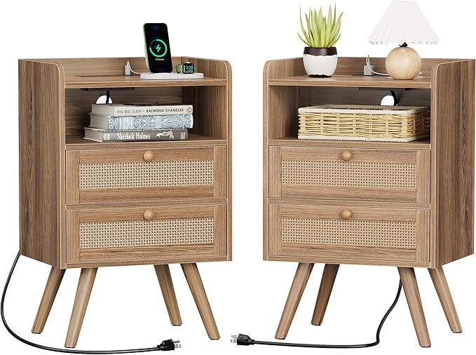 SUPERJARE 2 Drawer Night Stand with Charger Station, Boho Rattan Nightstand Set of 2, 25.2 Inch Tall Bed Side Table with Solid Wood Feet, End Table, Open Storage, Synthetic Rattan, Walnut