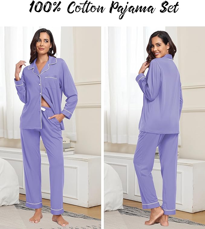 ANLIQI 100% Cotton Pajamas for Women Button Down Pajamas Long Sleeve Top & Pant Sleepwear Loungewear Pj Set with Pocket