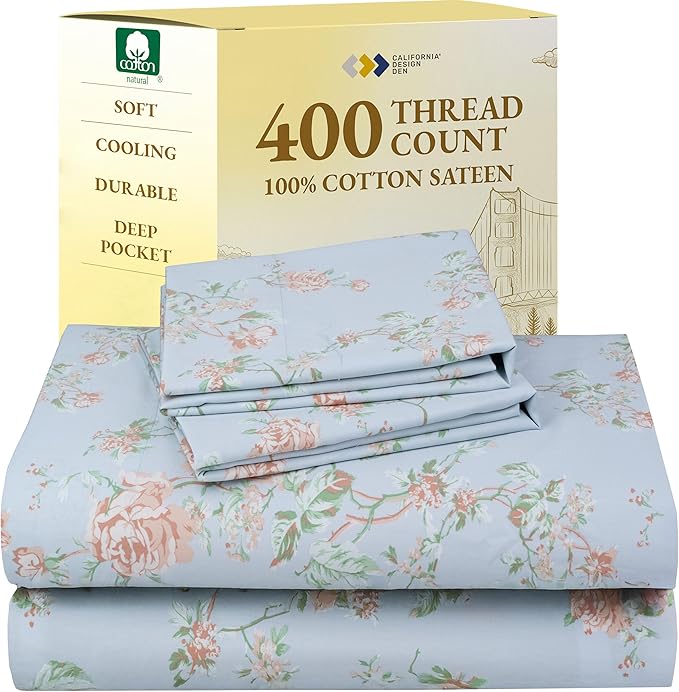 California Design Den Floral Pattern King Size Sheets Set - 400 Thread Count, Natural 100% Cotton, Soft Sateen Weave, Deep Pocket King Sheets, and Durable Bedding Set - Antique Rose