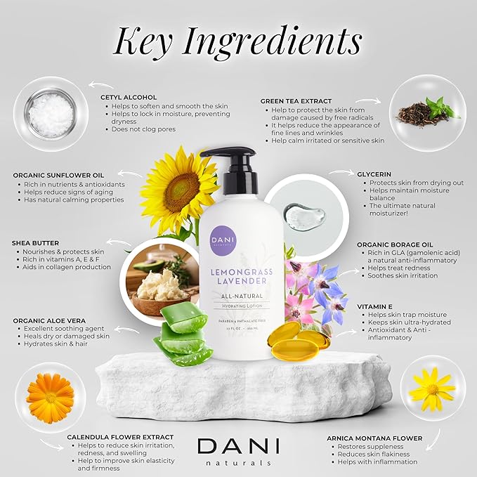 DANI Naturals Hand & Body Lotion - Calming Lemongrass Lavender Scent, Moisturizing Lotion with Aloe Vera, Shea Butter & Vitamin E, Deep Hydration for Dry Skin, All Skin Types - 12 Oz