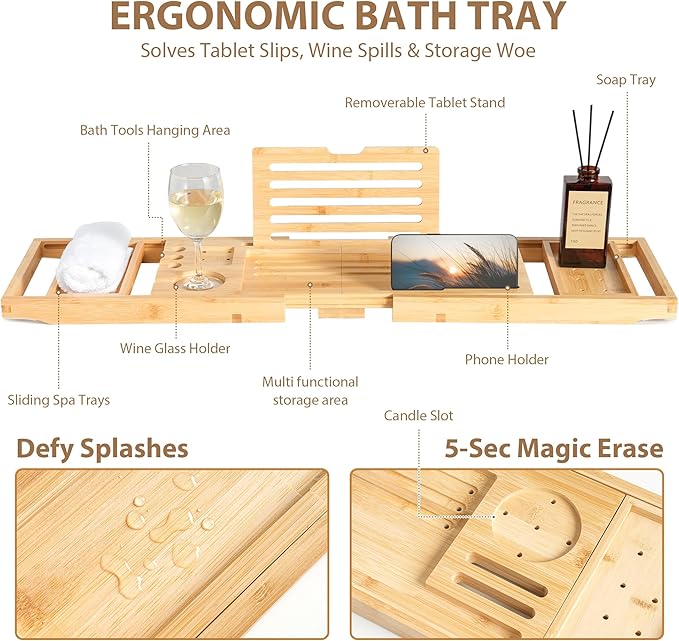Bamboo Bathtub Tray | Splash-Proof Adjustable (28-40 Inch) | Non-Slip Pads, Wine Holder & Tablet Stand | Bath Relaxation & Reading Essentials