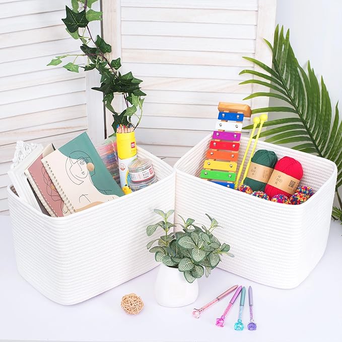 MINTWOOD Design Storage Basket for Shelves, Decorative Baskets for Organizing, Book Basket, Storage Cube Bin Box, Woven Closet Organizer, Pantry Closet and Shoe Basket, Creamy White