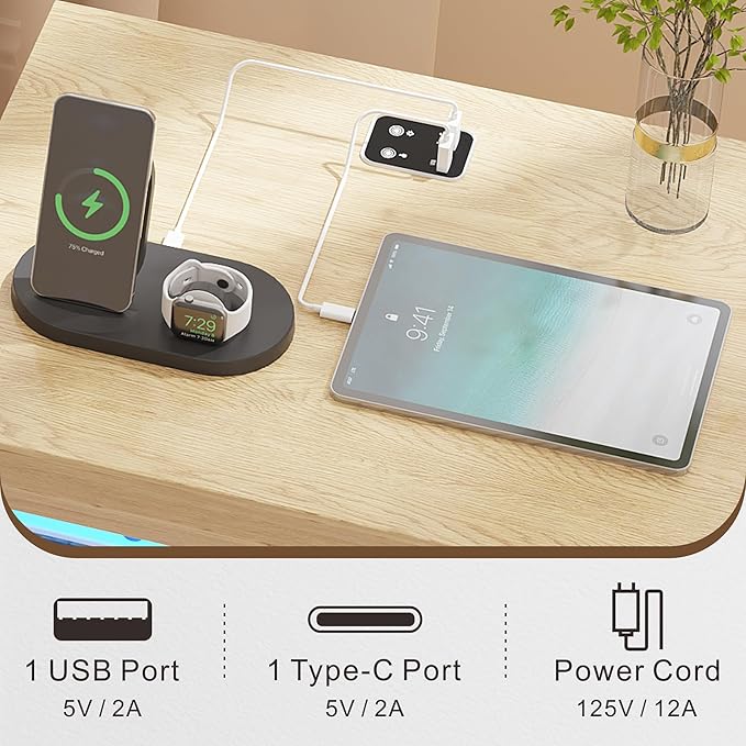 Nightstand with Charging Station, Farmhouse End Side Table with 2 Drawers and Open Storage, Smart Bedside Table with LED Light & Human Sensor for Bedroom, Wood