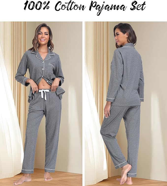 ANLIQI 100% Cotton Pajamas for Women Button Down Pajamas Long Sleeve Top & Pant Sleepwear Loungewear Pj Set with Pocket