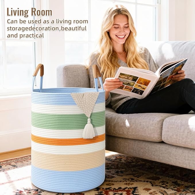 60L Striped Laundry Basket, Rainbow Laundry Hamper with Leather Handles, Woven Cotton Rope Storage Bin for Blankets, Nursery Hamper for Clothes, Toys In Bathroom, Livingroom, Bedroom