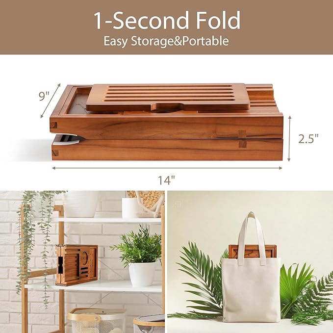 Teak Bathtub Tray | Adjustable Width Tray with Wine Holder, Tablet/Phone & Book Stand, Splash-Proof for Bath Time- Natural