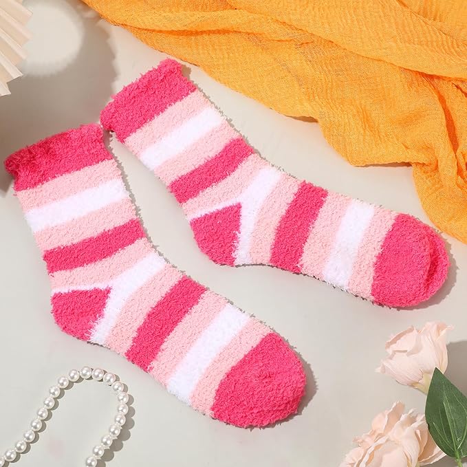 Foaincore 3 Pcs Womens Fuzzy Socks Striped Slipper Soft Sock Thick Cozy Sleep Socks for Women Winter Slipper Adult Sock