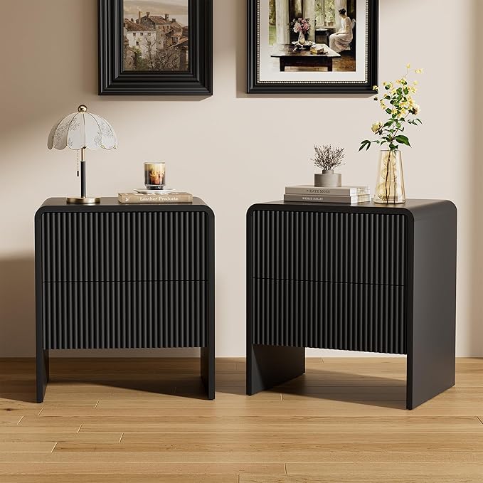 Set of 2 Modern Curved Nightstand with 2 Drawers, Push-to-Open Wooden Bedside Table, Minimalist End Table for Bedroom, Black