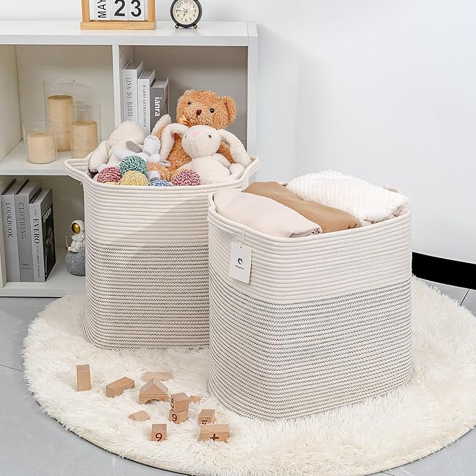 Storage Baskets for Clothes Fabric Cotton Rope Storage Basket with Handles, Decorative Woven Basket for Living Room,Closet Organizer Blankets, and 2bags (White/Black Line, L17.8×W12.5×H17.9)