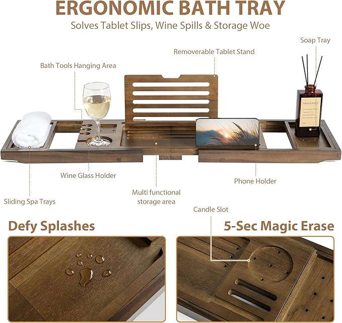 Teak Bathtub Tray | Adjustable Width Tray with Wine Holder, Tablet/Phone & Book Stand, Splash-Proof for Bath Time- Walnut