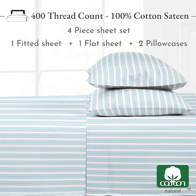 California Design Den Striped King Size Sheets Set - 400 Thread Count, Soft Sateen, Natural 100% Cotton Sheets, Deep Pockets, and Durable Bedding Set - Cape Stripe