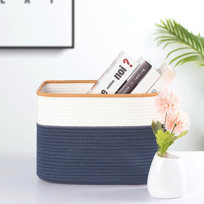 MINTWOOD Design Storage Basket for Shelves, Decorative Baskets for Organizing, Book Basket, Storage Cube Bin Box, Woven Closet Organizer, Pantry Closet and Shoe Basket, Prussian Blue