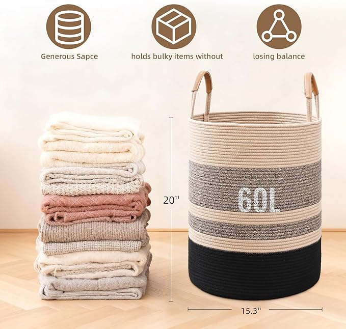 60L Striped Laundry Basket, Brown & Black Laundry Hamper with Leather Handles, Woven Cotton Rope Storage Bin for Blankets, Nursery Hamper for Clothes, Toys In Bathroom, Livingroom, Bedroom