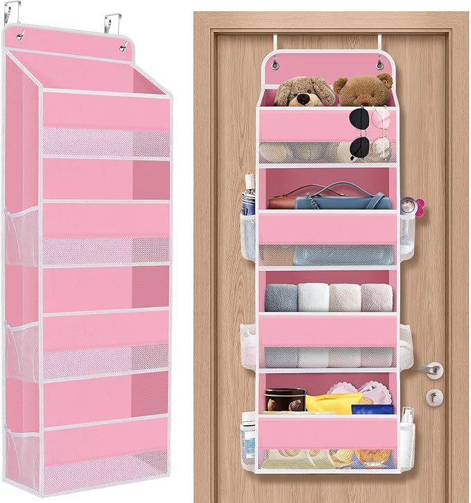 1 Pack Over The Door Organizer Hanging Storage Organizers with Clear Window 40lb Large Capacity Room Organizer for Pantry Laundry Bathroom Nursery Closet(Pink)