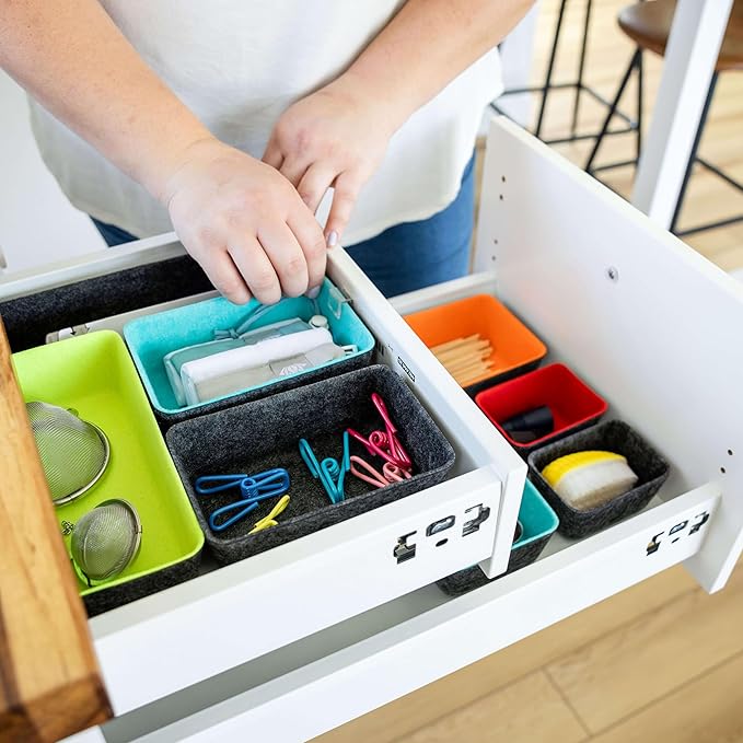 Three by Three Seattle Felt·Like·It! Felt Bins for Office, Crafts, Classroom, Living Room, Bedroom: Includes Expandable Sliding Bin for Custom Fit, Multicolor, Set of 8