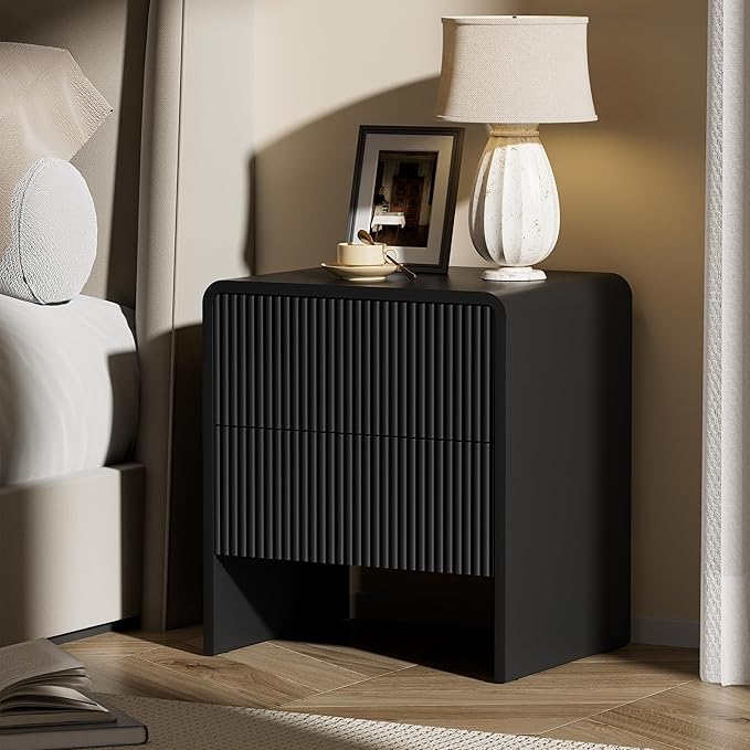 Set of 2 Modern Curved Nightstand with 2 Drawers, Push-to-Open Wooden Bedside Table, Minimalist End Table for Bedroom, Black