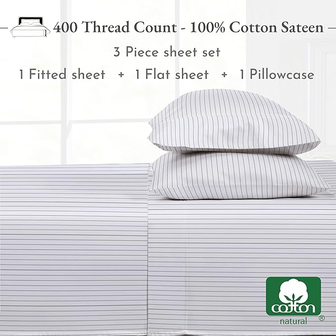 California Design Den Printed Twin XL Sheet Sets - 400 Thread Count Sateen, Natural 100% Cotton Sheets Set, Deep Pockets, and Durable Bedding Set - Pinstriped