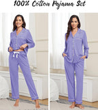 ANLIQI 100% Cotton Pajamas for Women Button Down Pajamas Long Sleeve Top & Pant Sleepwear Loungewear Pj Set with Pocket
