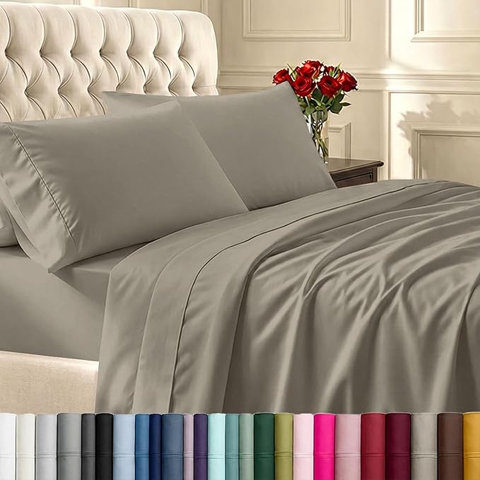 California Design Den California King Sheet Sets - Soft 400 Thread Count Sateen, 100% Cotton Sheets with Deep Pockets, Breathable, and Durable Bedding Set - Taupe