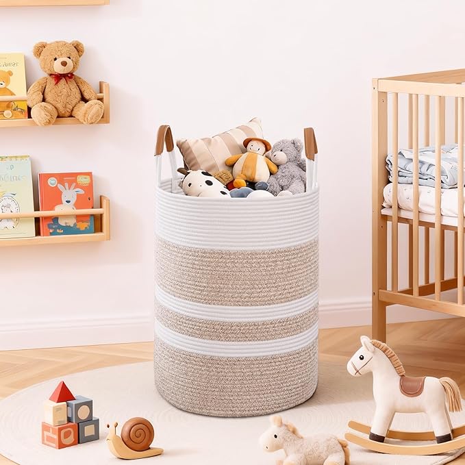 90L Striped Laundry Basket, Brown Laundry Hamper with Leather Handles, Woven Cotton Rope Storage Bin for Blankets, Nursery Hamper for Clothes, Toys In Bathroom, Livingroom, Bedroom