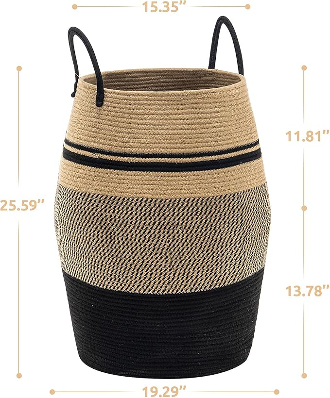 Jute Rope Laundry Hamper by YOUDENOVA, 105L - Woven Collapsible Laundry Basket - Clothes Storage Basket for Blankets organizing, Bedroom Storage, Clothes Hamper – Brown & Black
