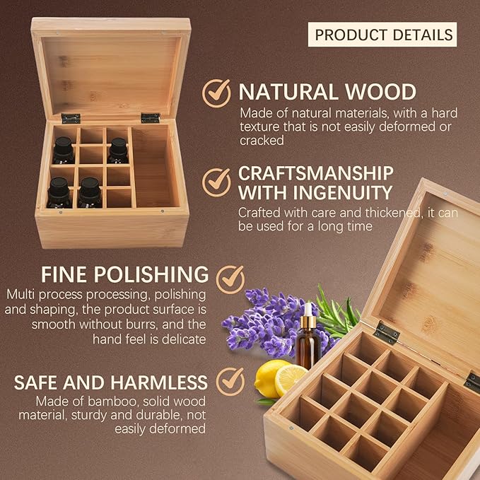 Pure Vie Wooden Essential Oil Storage Box Travel Organizer Case with Bottle Cap Label - Aromatherapy Nail Polish Fragrance Container, Holds 13 Bottle for 5-30ml - Keep Scented Oil Safe & Space Saver