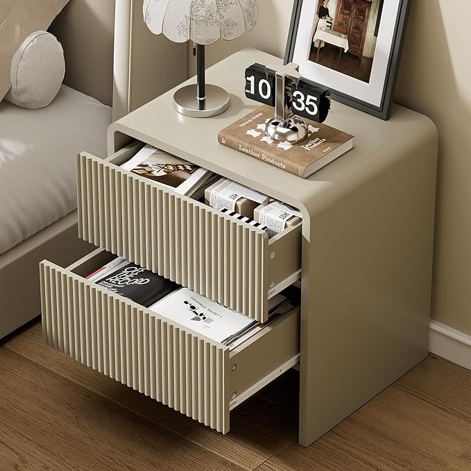 Set of 2 Modern Curved Nightstand with 2 Drawers, Push-to-Open Wooden Bedside Table, Minimalist End Table for Bedroom, Beige
