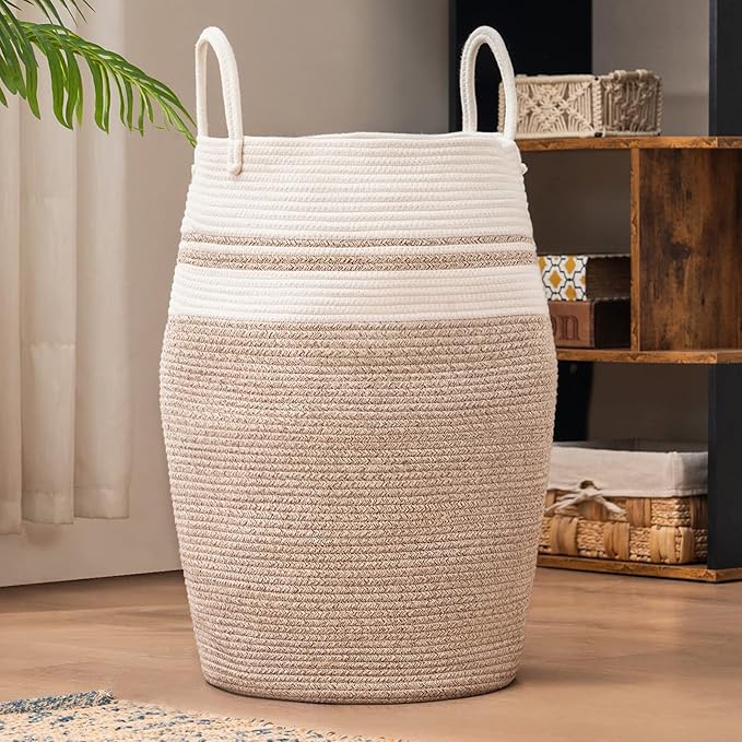 Cotton Rope Laundry Hamper by YOUDENOVA, 105L - Woven Collapsible Laundry Basket - Clothes Storage Basket for Blankets organizing, Bedroom Storage, Clothes Hamper – Brown