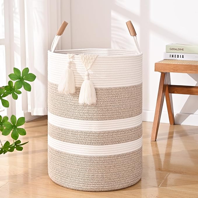 90L Striped Laundry Basket, Brown Laundry Hamper with Leather Handles, Woven Cotton Rope Storage Bin for Blankets, Nursery Hamper for Clothes, Toys In Bathroom, Livingroom, Bedroom