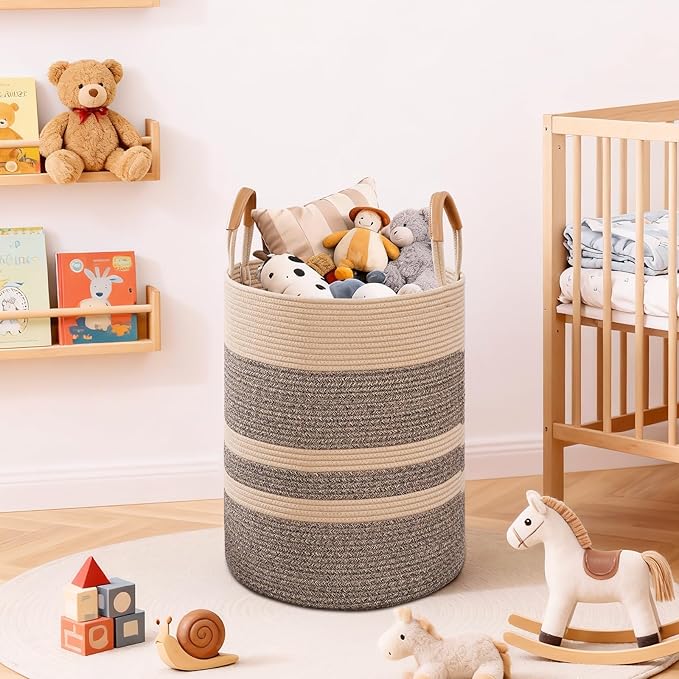90L Striped Laundry Basket, Dark Brown Laundry Hamper with Leather Handles, Woven Cotton Rope Storage Bin for Blankets, Nursery Hamper for Clothes, Toys In Bathroom, Livingroom, Bedroom
