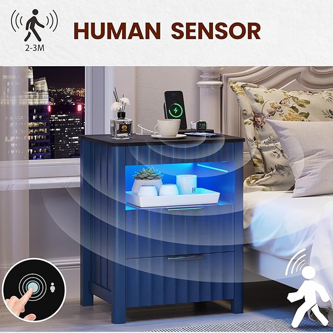 Fluted Night Stand Set 2 with Gun Drawer, Natural Grain Nightstands with Charging Station and Human Sensor, Modern Bedside Table with LED Light and Storage Shelf for Bedroom/Living Room, Blue