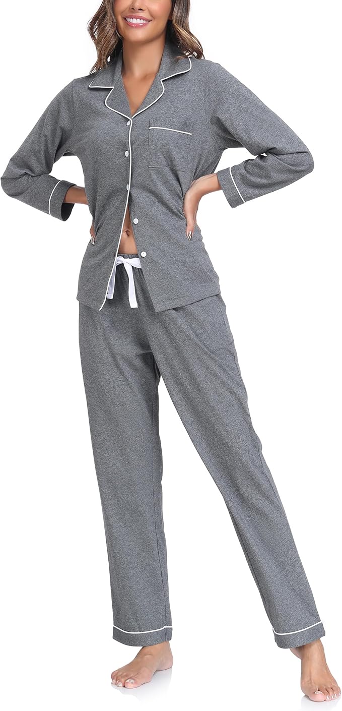 ANLIQI 100% Cotton Pajamas for Women Button Down Pajamas Long Sleeve Top & Pant Sleepwear Loungewear Pj Set with Pocket
