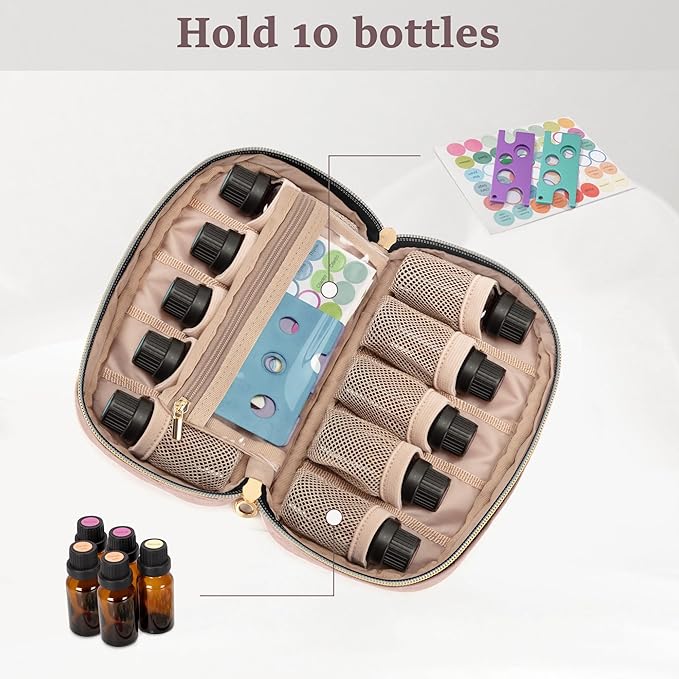 LUXJA Essential Oil Organizer -Holds 10 Bottles (5ml-15ml, Also Fits Roller Bottles), Travel Case for Essential Oils with Zipper Pockets (Bag Only),Pale Rose